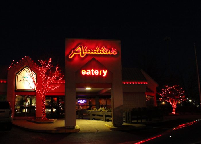 Aladdins eatery illuminated red sign